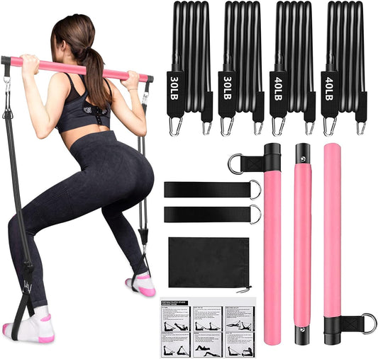 Pilates Bar Kit with 4 Strong Resistance Bands, Upgraded 3-Section Yoga Strengthened Adjustable Resistance Band Bar with Foot Straps, Exercise Fitness Workout Equipment for Leg Butt Full Body Shaping