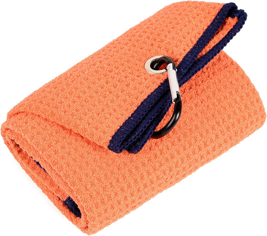 Tri-Fold Golf Towel | Premium Microfiber Fabric | Waffle Pattern | with Heavy Duty Carabiner Clip | Golf Towel for Men and Women (Orange Golf Towel)