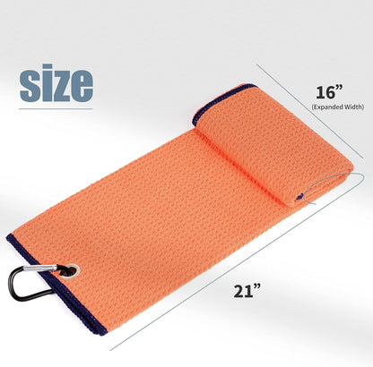 Tri-Fold Golf Towel | Premium Microfiber Fabric | Waffle Pattern | with Heavy Duty Carabiner Clip | Golf Towel for Men and Women (Orange Golf Towel)