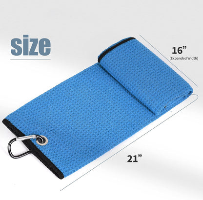 Tri-Fold Golf Towel | Premium Microfiber Fabric | Waffle Pattern | with Heavy Duty Carabiner Clip | Golf Towel for Men and Women (Bluegolf Towel)