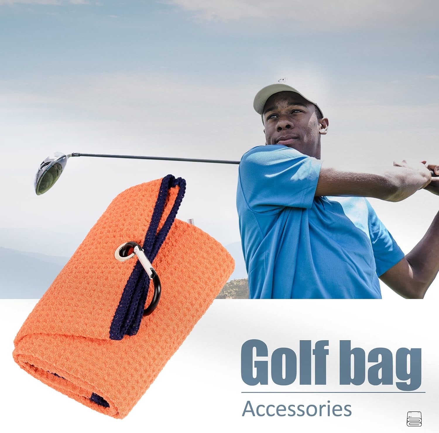 Tri-Fold Golf Towel | Premium Microfiber Fabric | Waffle Pattern | with Heavy Duty Carabiner Clip | Golf Towel for Men and Women (Orange Golf Towel)