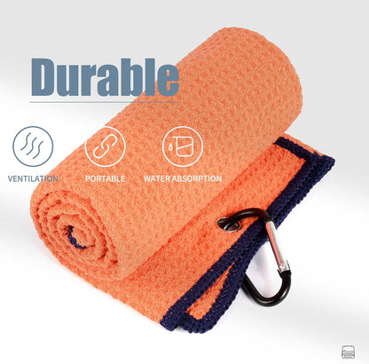 Tri-Fold Golf Towel | Premium Microfiber Fabric | Waffle Pattern | with Heavy Duty Carabiner Clip | Golf Towel for Men and Women (Orange Golf Towel)